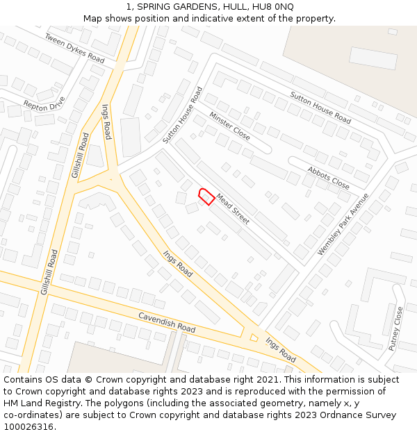 1, SPRING GARDENS, HULL, HU8 0NQ: Location map and indicative extent of plot