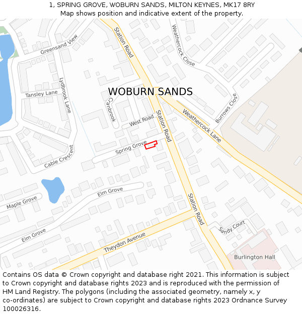1, SPRING GROVE, WOBURN SANDS, MILTON KEYNES, MK17 8RY: Location map and indicative extent of plot