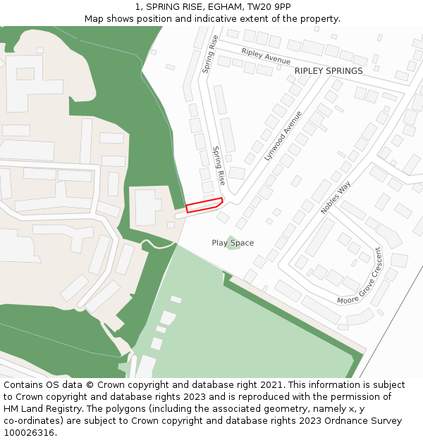 1, SPRING RISE, EGHAM, TW20 9PP: Location map and indicative extent of plot