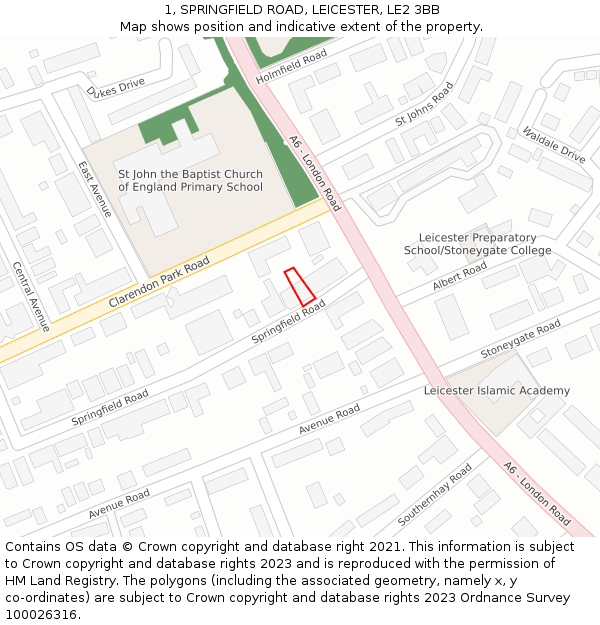 1, SPRINGFIELD ROAD, LEICESTER, LE2 3BB: Location map and indicative extent of plot