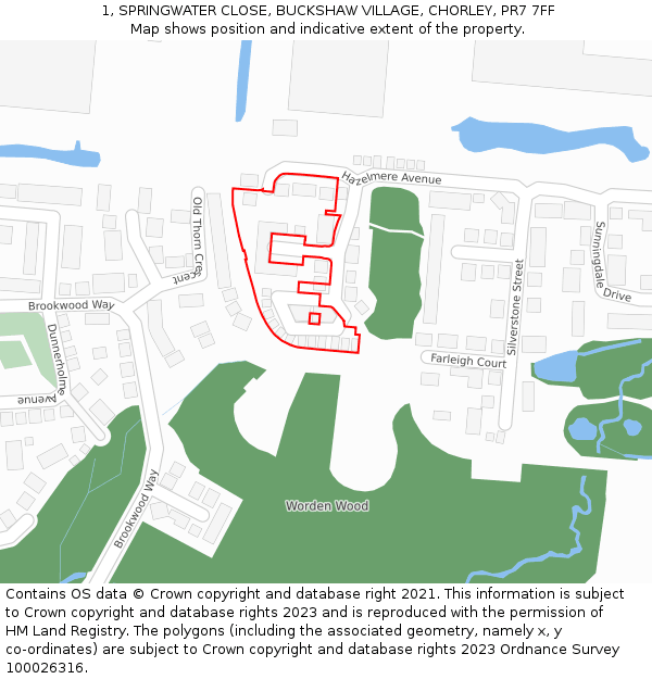 1, SPRINGWATER CLOSE, BUCKSHAW VILLAGE, CHORLEY, PR7 7FF: Location map and indicative extent of plot