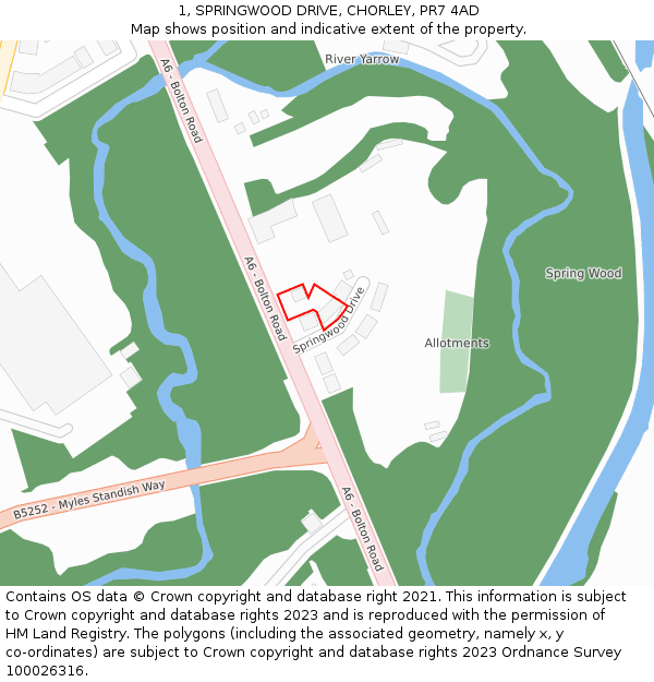 1, SPRINGWOOD DRIVE, CHORLEY, PR7 4AD: Location map and indicative extent of plot