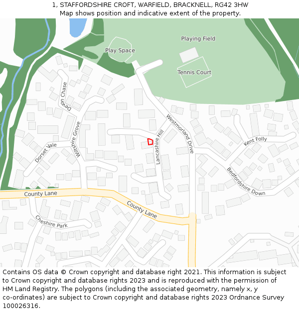 1, STAFFORDSHIRE CROFT, WARFIELD, BRACKNELL, RG42 3HW: Location map and indicative extent of plot