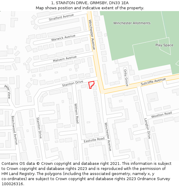 1, STAINTON DRIVE, GRIMSBY, DN33 1EA: Location map and indicative extent of plot