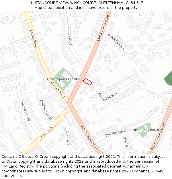 1, STANCOMBE VIEW, WINCHCOMBE, CHELTENHAM, GL54 5LE: Location map and indicative extent of plot