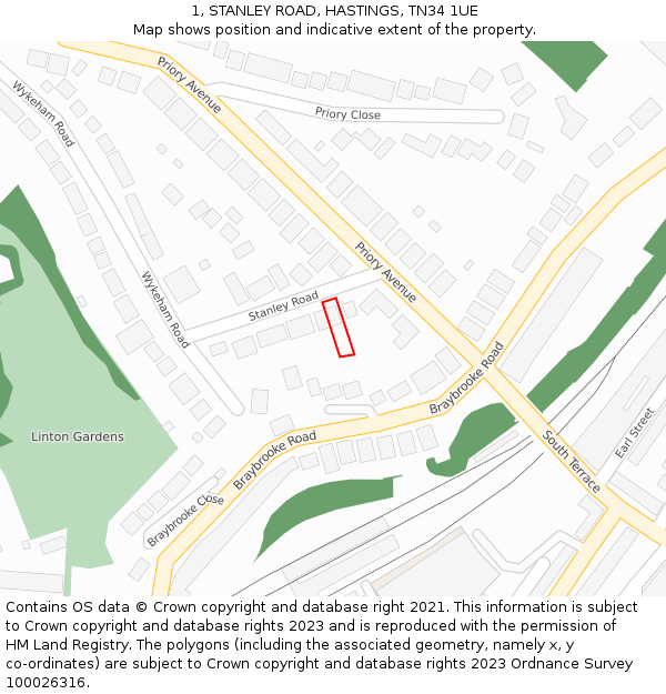 1, STANLEY ROAD, HASTINGS, TN34 1UE: Location map and indicative extent of plot