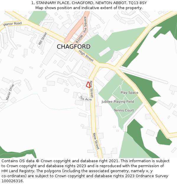 1, STANNARY PLACE, CHAGFORD, NEWTON ABBOT, TQ13 8SY: Location map and indicative extent of plot