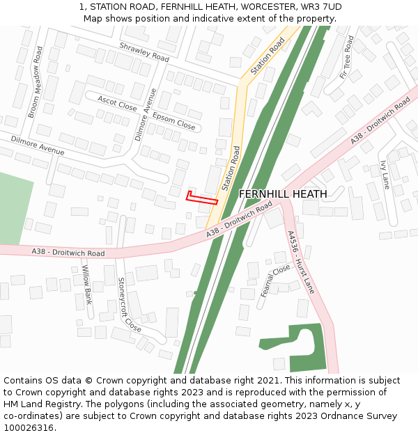 1, STATION ROAD, FERNHILL HEATH, WORCESTER, WR3 7UD: Location map and indicative extent of plot