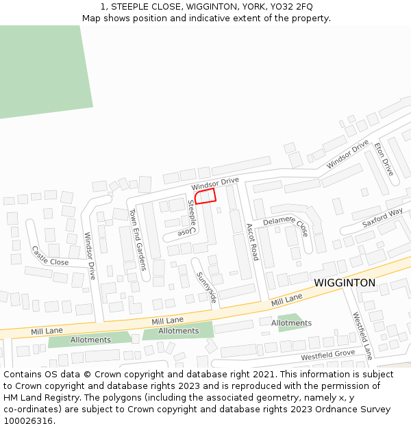 1, STEEPLE CLOSE, WIGGINTON, YORK, YO32 2FQ: Location map and indicative extent of plot
