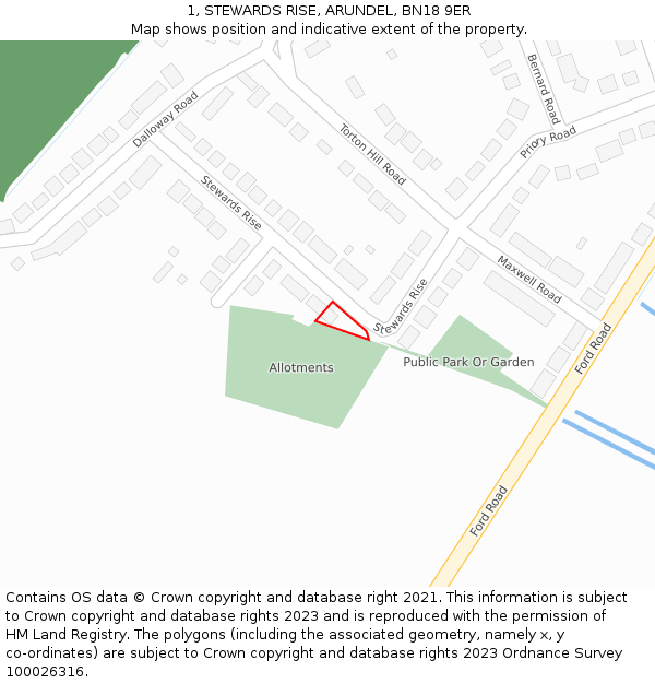 1, STEWARDS RISE, ARUNDEL, BN18 9ER: Location map and indicative extent of plot