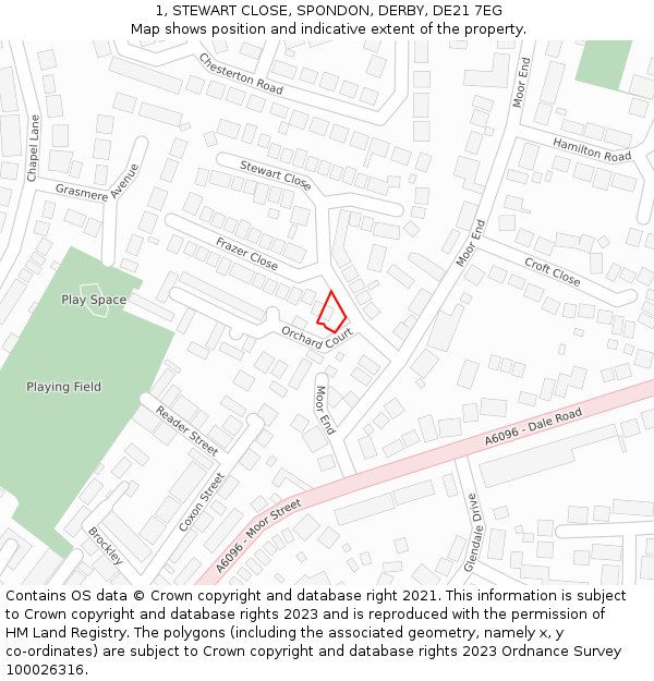 1, STEWART CLOSE, SPONDON, DERBY, DE21 7EG: Location map and indicative extent of plot
