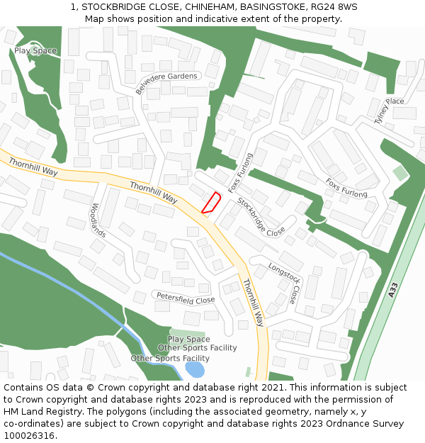 1, STOCKBRIDGE CLOSE, CHINEHAM, BASINGSTOKE, RG24 8WS: Location map and indicative extent of plot