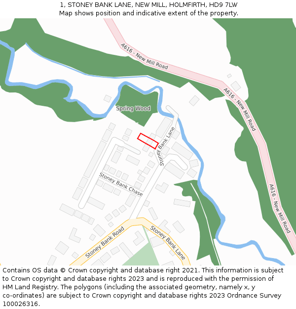 1, STONEY BANK LANE, NEW MILL, HOLMFIRTH, HD9 7LW: Location map and indicative extent of plot