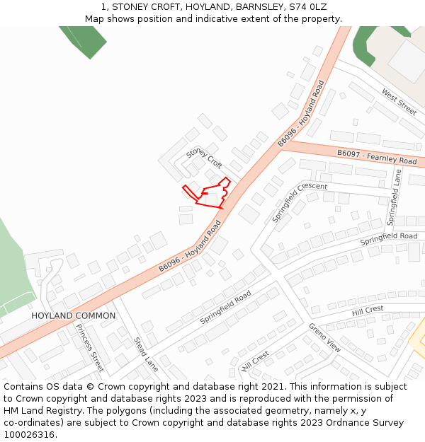 1, STONEY CROFT, HOYLAND, BARNSLEY, S74 0LZ: Location map and indicative extent of plot
