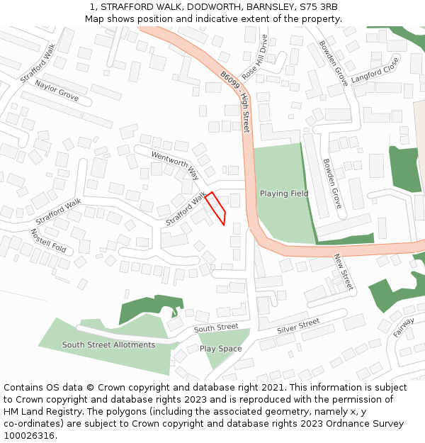 1, STRAFFORD WALK, DODWORTH, BARNSLEY, S75 3RB: Location map and indicative extent of plot