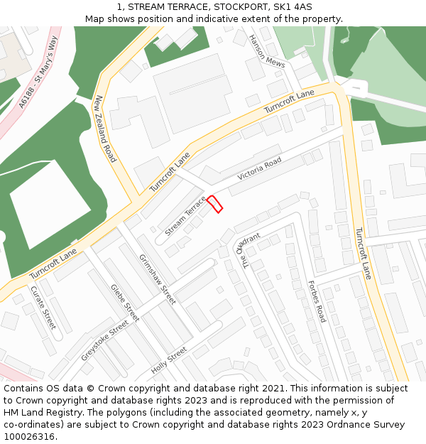 1, STREAM TERRACE, STOCKPORT, SK1 4AS: Location map and indicative extent of plot