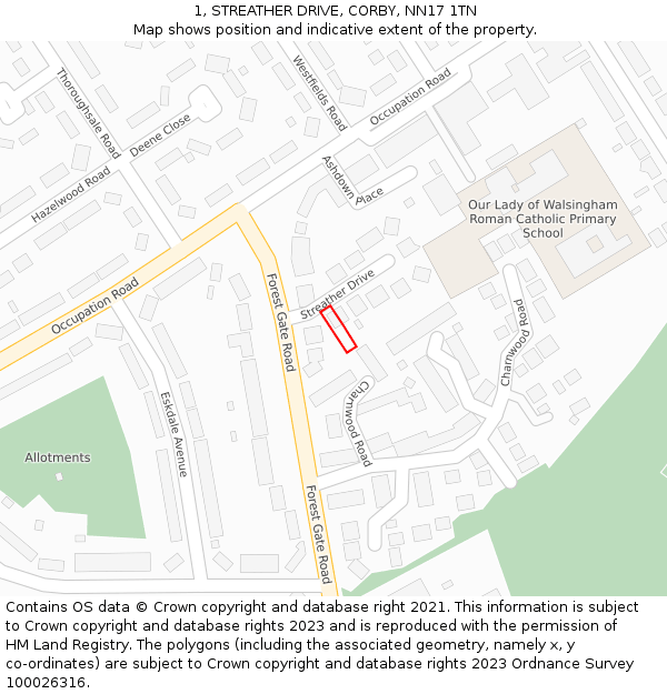 1, STREATHER DRIVE, CORBY, NN17 1TN: Location map and indicative extent of plot