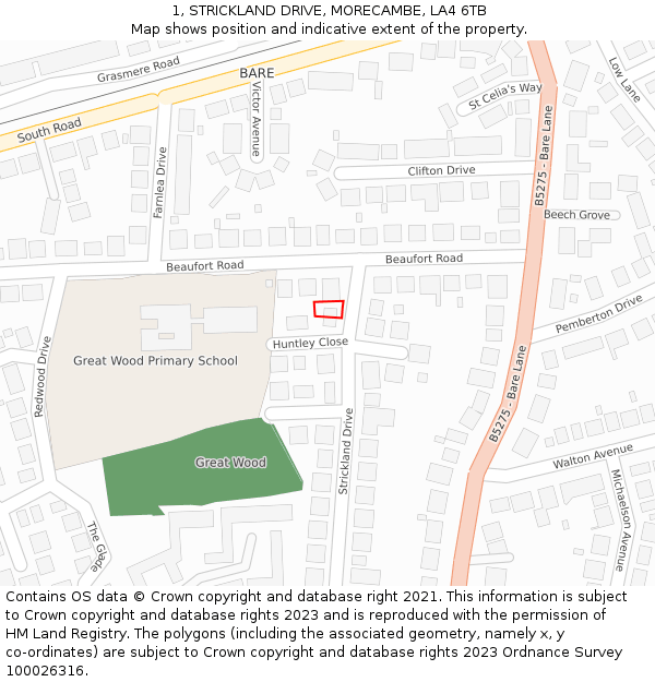 1, STRICKLAND DRIVE, MORECAMBE, LA4 6TB: Location map and indicative extent of plot