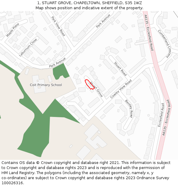1, STUART GROVE, CHAPELTOWN, SHEFFIELD, S35 1WZ: Location map and indicative extent of plot