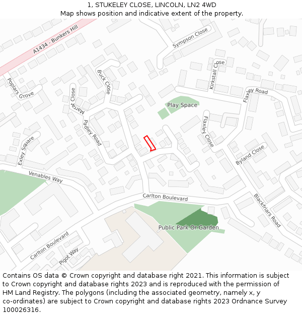 1, STUKELEY CLOSE, LINCOLN, LN2 4WD: Location map and indicative extent of plot