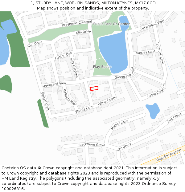 1, STURDY LANE, WOBURN SANDS, MILTON KEYNES, MK17 8GD: Location map and indicative extent of plot