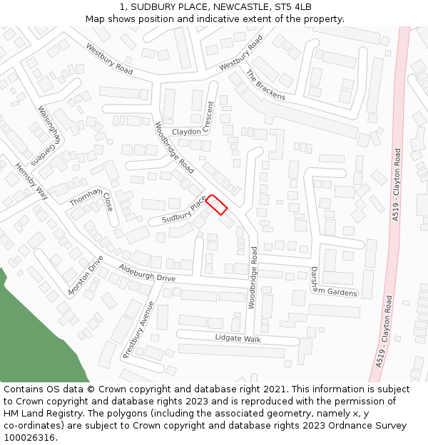 1, SUDBURY PLACE, NEWCASTLE, ST5 4LB: Location map and indicative extent of plot