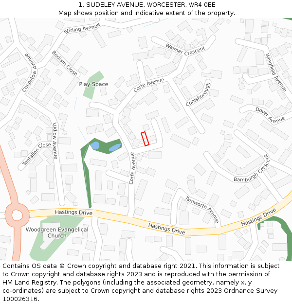 1, SUDELEY AVENUE, WORCESTER, WR4 0EE: Location map and indicative extent of plot