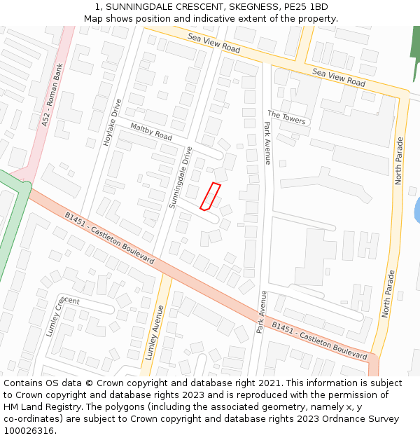 1, SUNNINGDALE CRESCENT, SKEGNESS, PE25 1BD: Location map and indicative extent of plot