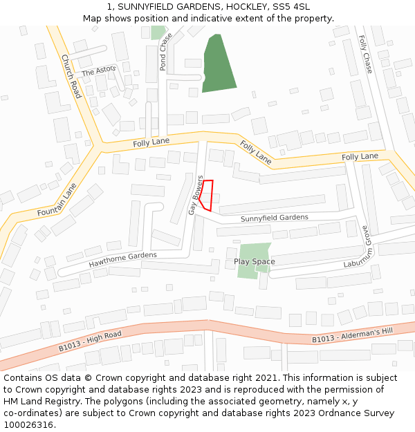 1, SUNNYFIELD GARDENS, HOCKLEY, SS5 4SL: Location map and indicative extent of plot