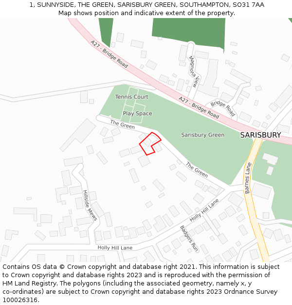 1, SUNNYSIDE, THE GREEN, SARISBURY GREEN, SOUTHAMPTON, SO31 7AA: Location map and indicative extent of plot