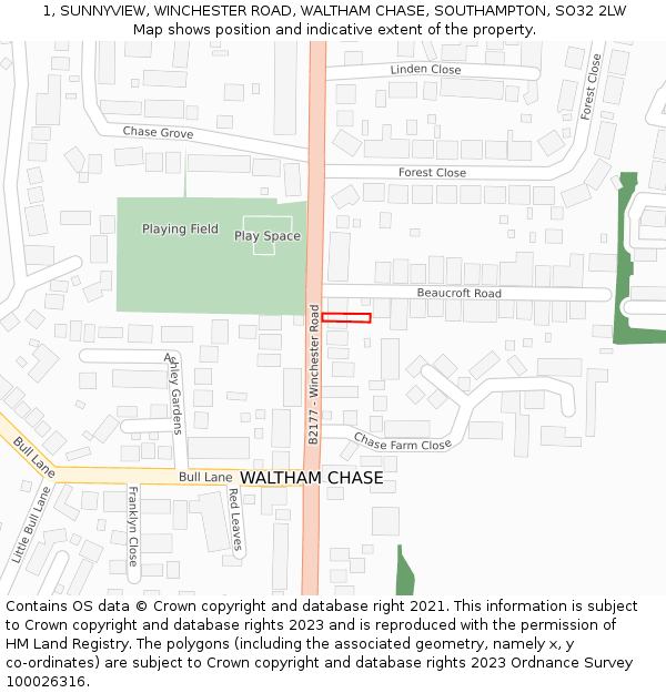 1, SUNNYVIEW, WINCHESTER ROAD, WALTHAM CHASE, SOUTHAMPTON, SO32 2LW: Location map and indicative extent of plot