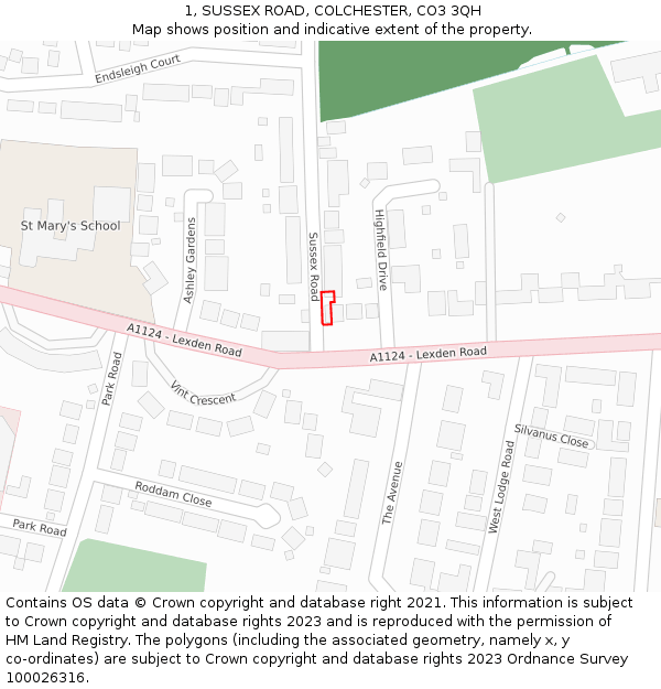 1, SUSSEX ROAD, COLCHESTER, CO3 3QH: Location map and indicative extent of plot