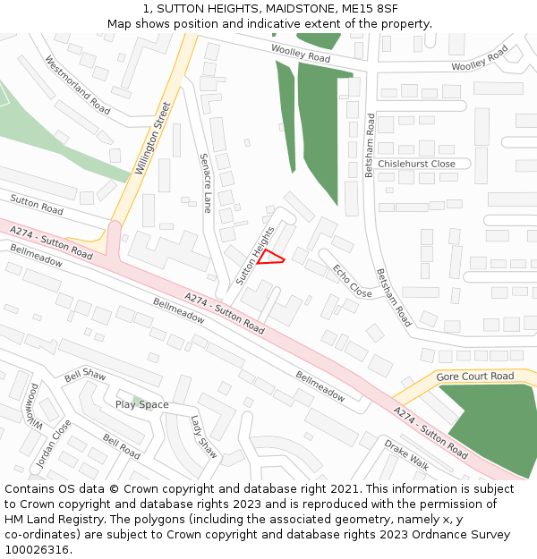 1, SUTTON HEIGHTS, MAIDSTONE, ME15 8SF: Location map and indicative extent of plot