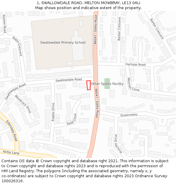 1, SWALLOWDALE ROAD, MELTON MOWBRAY, LE13 0AU: Location map and indicative extent of plot