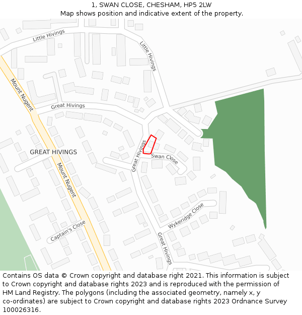 1, SWAN CLOSE, CHESHAM, HP5 2LW: Location map and indicative extent of plot