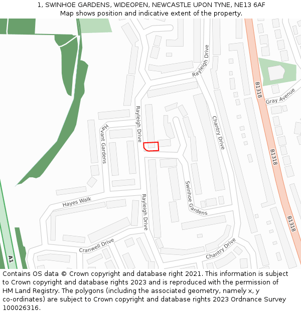 1, SWINHOE GARDENS, WIDEOPEN, NEWCASTLE UPON TYNE, NE13 6AF: Location map and indicative extent of plot