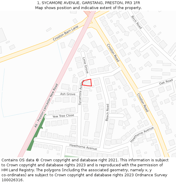 1, SYCAMORE AVENUE, GARSTANG, PRESTON, PR3 1FR: Location map and indicative extent of plot