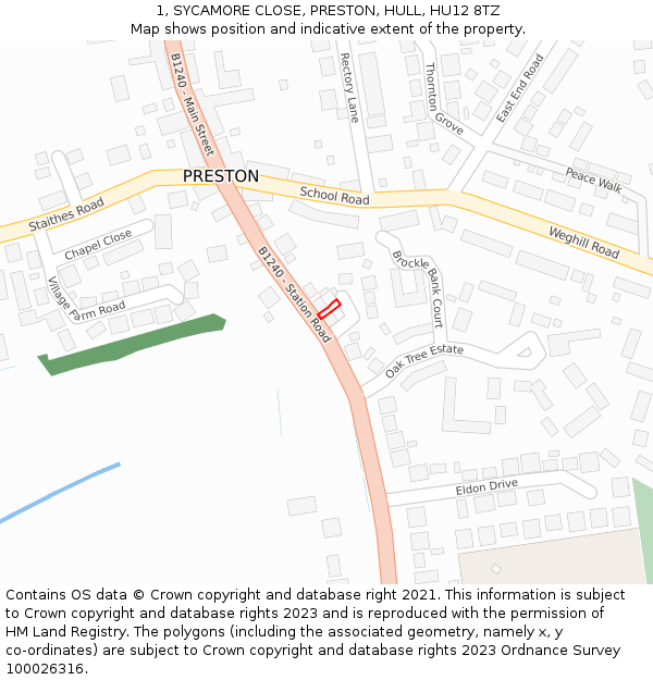 1, SYCAMORE CLOSE, PRESTON, HULL, HU12 8TZ: Location map and indicative extent of plot