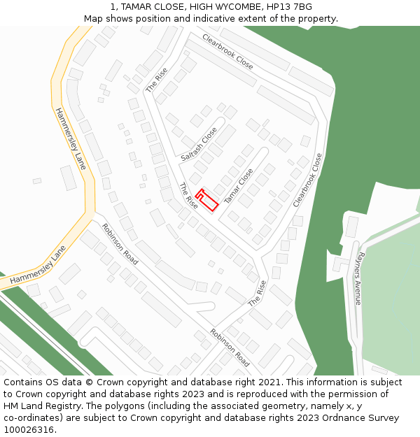 1, TAMAR CLOSE, HIGH WYCOMBE, HP13 7BG: Location map and indicative extent of plot