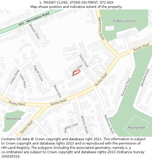 1, TANSEY CLOSE, STOKE-ON-TRENT, ST2 9QX: Location map and indicative extent of plot
