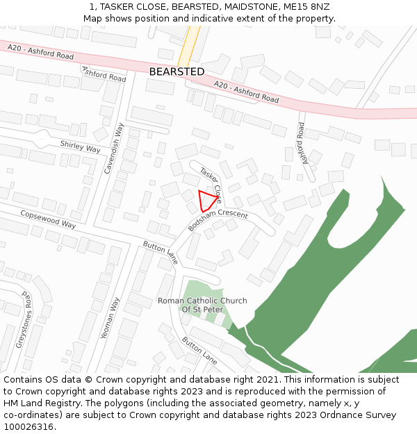 1, TASKER CLOSE, BEARSTED, MAIDSTONE, ME15 8NZ: Location map and indicative extent of plot