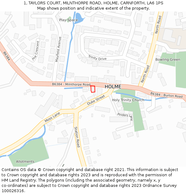 1, TAYLORS COURT, MILNTHORPE ROAD, HOLME, CARNFORTH, LA6 1PS: Location map and indicative extent of plot