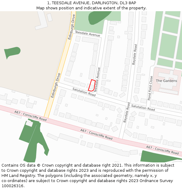 1, TEESDALE AVENUE, DARLINGTON, DL3 8AP: Location map and indicative extent of plot