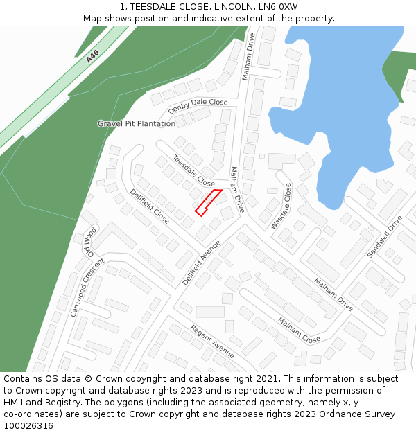 1, TEESDALE CLOSE, LINCOLN, LN6 0XW: Location map and indicative extent of plot