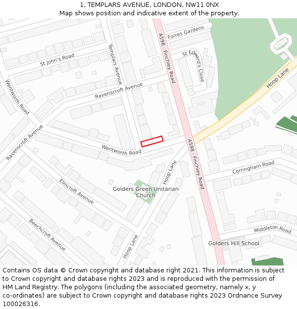 1, TEMPLARS AVENUE, LONDON, NW11 0NX: Location map and indicative extent of plot