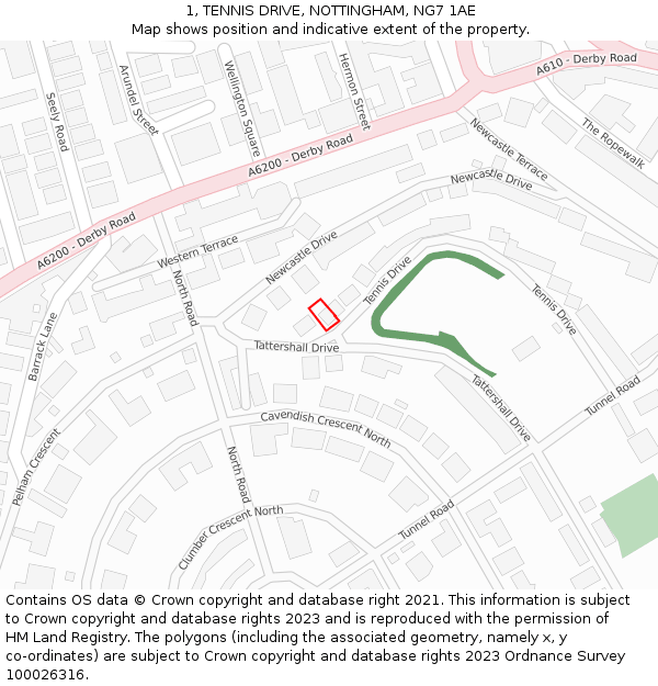 1, TENNIS DRIVE, NOTTINGHAM, NG7 1AE: Location map and indicative extent of plot