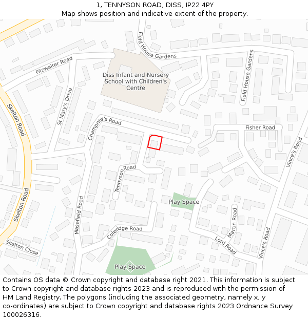 1, TENNYSON ROAD, DISS, IP22 4PY: Location map and indicative extent of plot