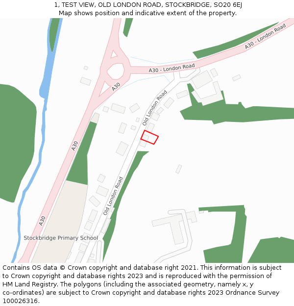 1, TEST VIEW, OLD LONDON ROAD, STOCKBRIDGE, SO20 6EJ: Location map and indicative extent of plot