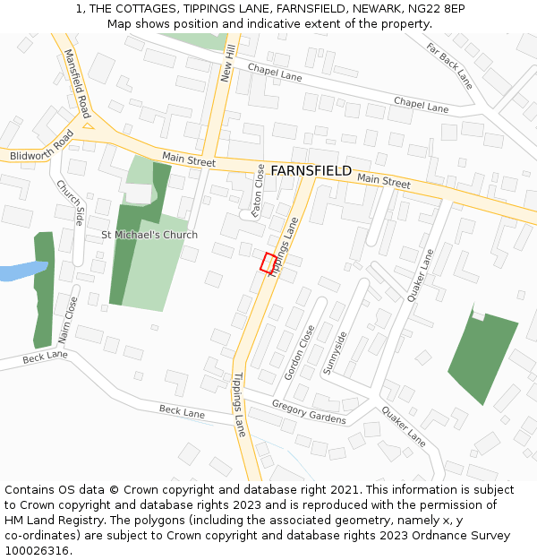 1, THE COTTAGES, TIPPINGS LANE, FARNSFIELD, NEWARK, NG22 8EP: Location map and indicative extent of plot