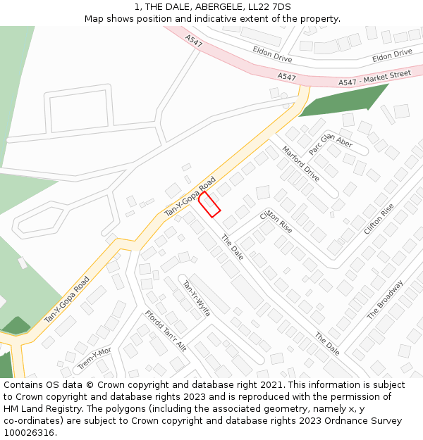 1, THE DALE, ABERGELE, LL22 7DS: Location map and indicative extent of plot